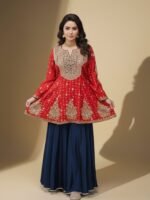 Red Embroidered Peplum Set - Image 2